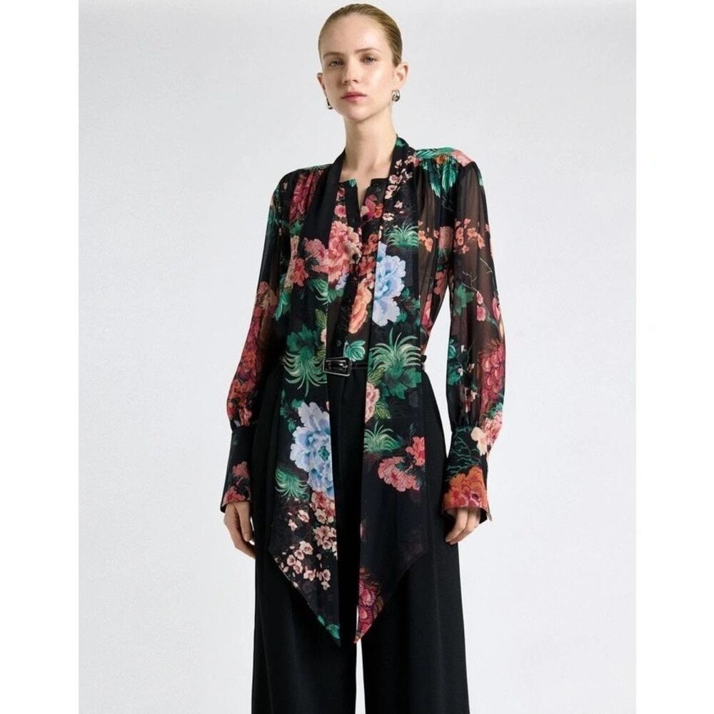 Cue Women's Black Colorful Floral Georgette Tie Neck Blouse Size 14